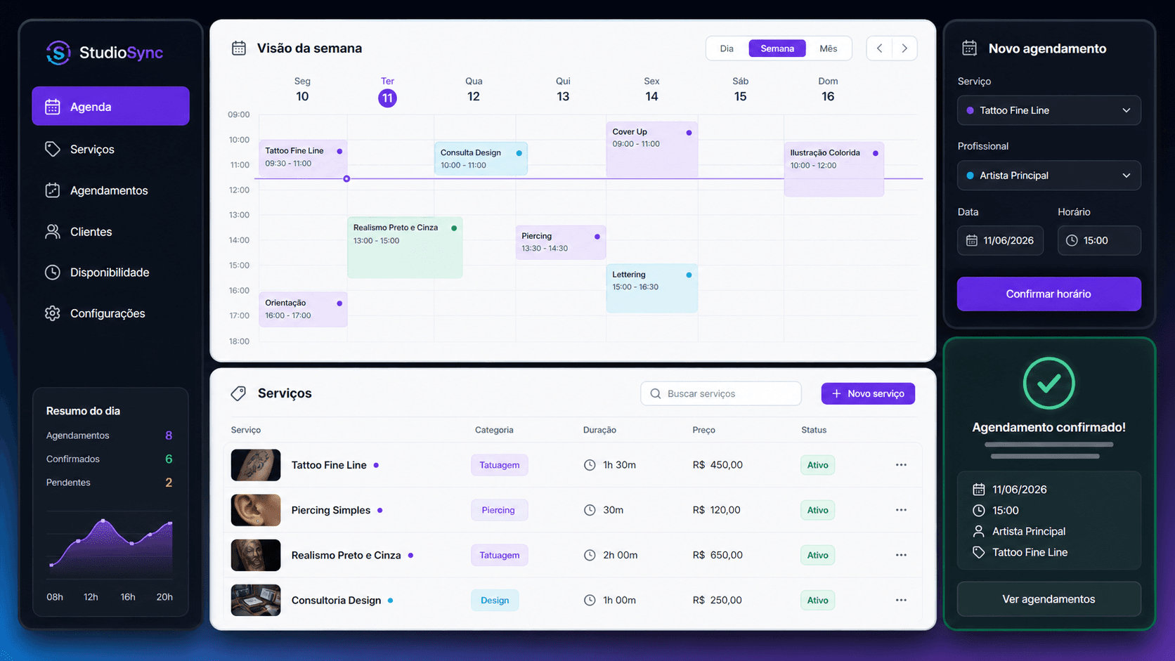 Interface do modulo Agenda e servicos no StudioSync