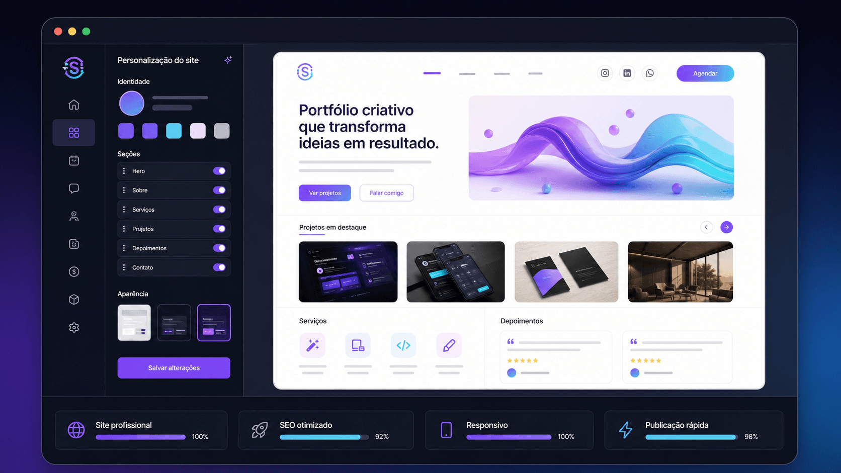 Interface do modulo Portfolio profissional no StudioSync